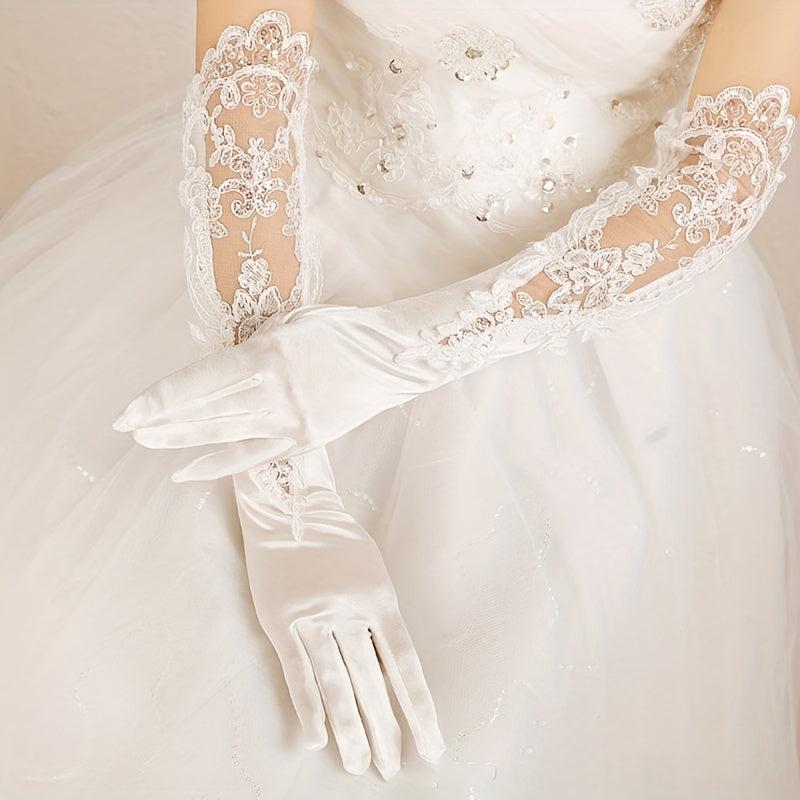 Satin Lace Gloves Faux Pearl Decor Embroidery Long Gloves For Women Wedding