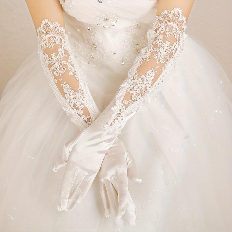 Satin Lace Gloves Faux Pearl Decor Embroidery Long Gloves For Women Wedding
