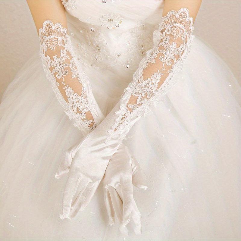 Satin Lace Gloves Faux Pearl Decor Embroidery Long Gloves For Women Wedding