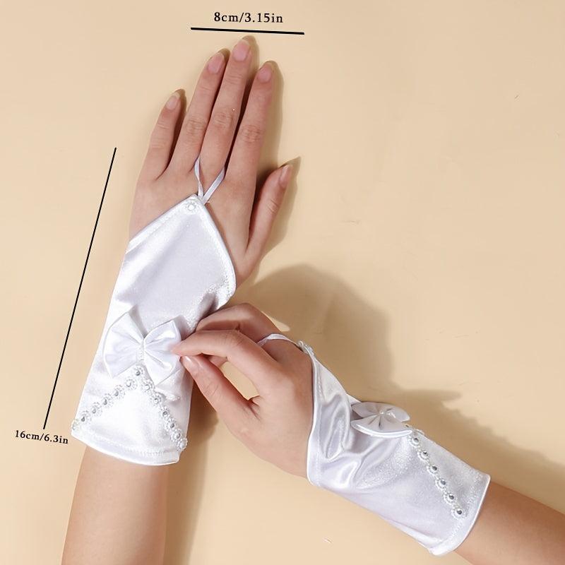 Satin Short Gloves with Bow and Rhinestone - Party Bride Wedding Prom Glov