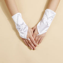 Satin Short Gloves with Bow and Rhinestone - Party Bride Wedding Prom Glov