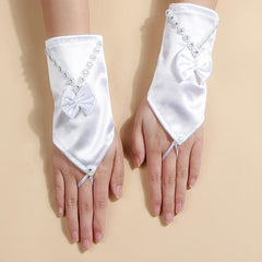 Satin Short Gloves with Bow and Rhinestone - Party Bride Wedding Prom Glov