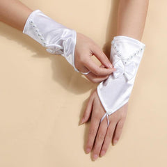 Satin Short Gloves with Bow and Rhinestone - Party Bride Wedding Prom Glov