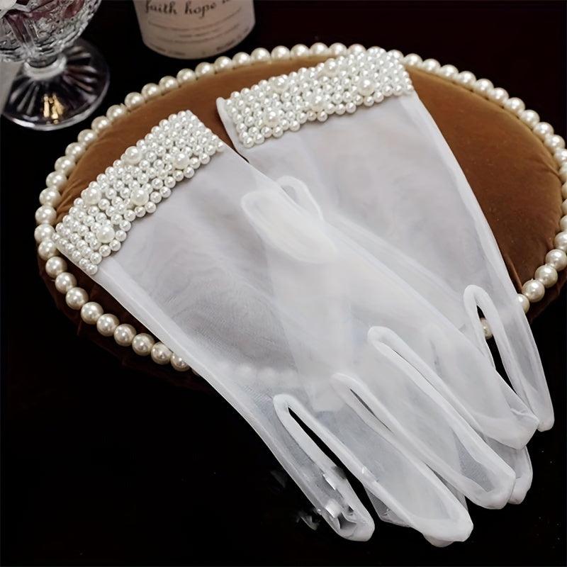 Faux Pearl Decor Gloves Short Wedding Bridal Gloves