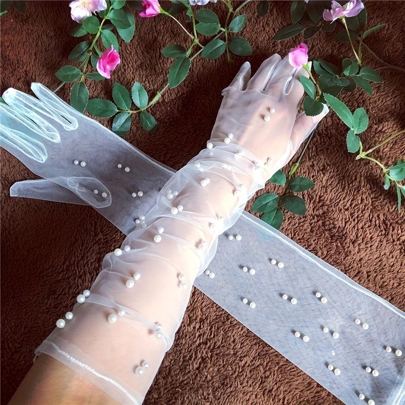 Faux Pearl Decor Long Gloves for Women Wedding Bridal Dress