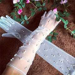 Faux Pearl Decor Long Gloves for Women Wedding Bridal Dress