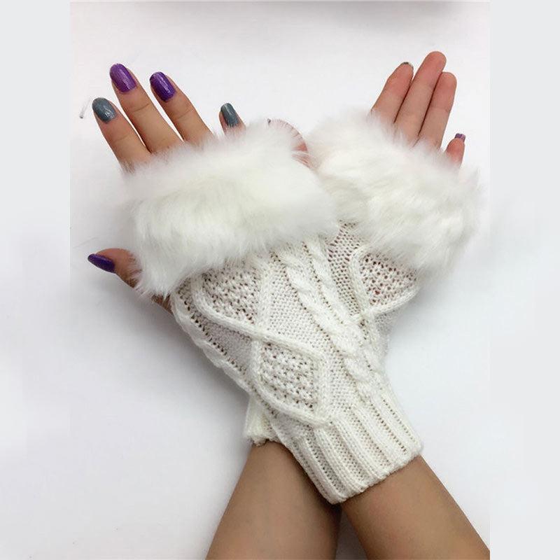 Women's Plush Fingerless Gloves Ribbing Knit Crochet Autumn Winter Warm