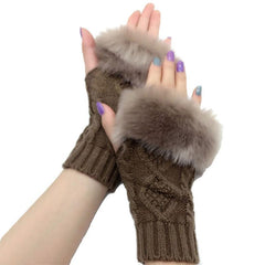 Women's Plush Fingerless Gloves Ribbing Knit Crochet Autumn Winter Warm
