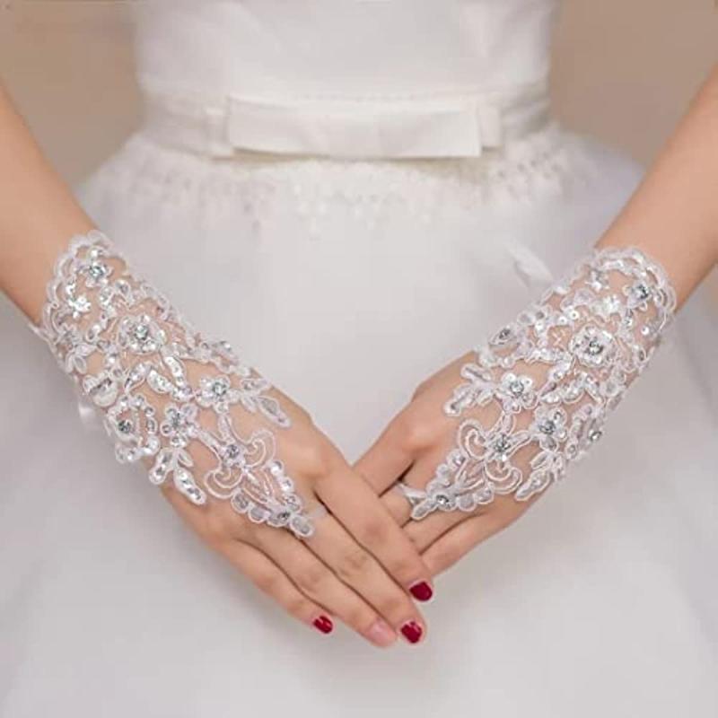 Flower Lace Fingerless Gloves Rhinestone Bridal Wedding Dress Accessories