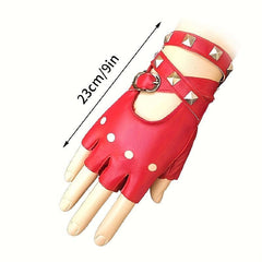 PU Leather Gloves Boho Half Finger Gloves Punk Rivets Belt Gloves