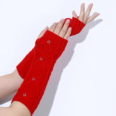 Red Rhombus Ribbed Knitted Gloves Elastic Warm Gloves Faux Pearl Decor
