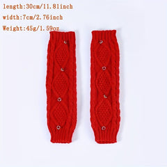 Red Rhombus Ribbed Knitted Gloves Elastic Warm Gloves Faux Pearl Decor