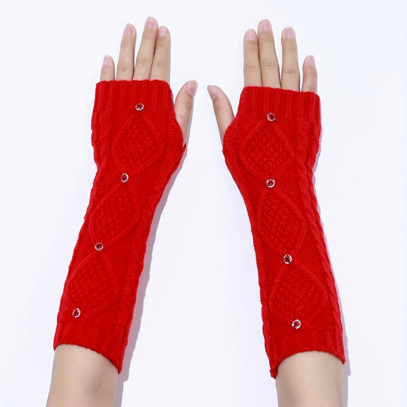 Red Rhombus Ribbed Knitted Gloves Elastic Warm Gloves Faux Pearl Decor