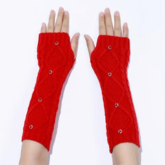 Red Rhombus Ribbed Knitted Gloves Elastic Warm Gloves Faux Pearl Decor