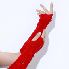 Red Rhombus Ribbed Knitted Gloves Elastic Warm Gloves Faux Pearl Decor