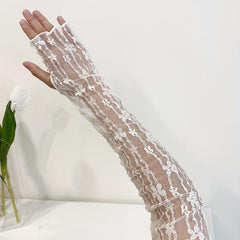 Lace Long Gloves Flower Embroidery Mesh Ruffles Women Wedding Prom Sleeves