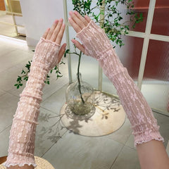 Lace Long Gloves Flower Embroidery Mesh Ruffles Women Wedding Prom Sleeves