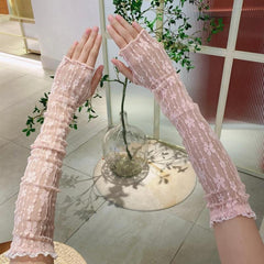 Lace Long Gloves Flower Embroidery Mesh Ruffles Women Wedding Prom Sleeves
