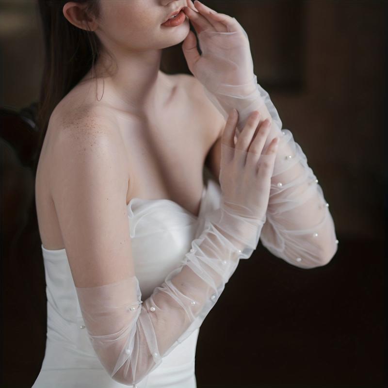 Bridal Faux Pearl Yarn Sleeve Fingerless Sleeve With Thumb Hole