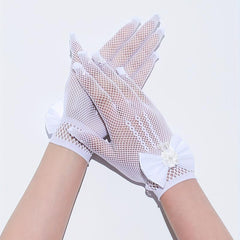 Bowknot Hollow Mesh Gloves Faux Pearl Decor Wedding Bridal Dress Gloves