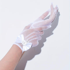 Bowknot Hollow Mesh Gloves Faux Pearl Decor Wedding Bridal Dress Gloves