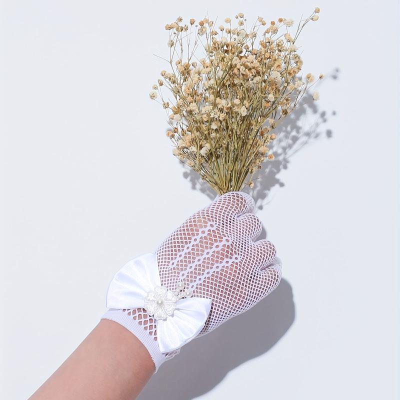 Bowknot Hollow Mesh Gloves Faux Pearl Decor Wedding Bridal Dress Gloves