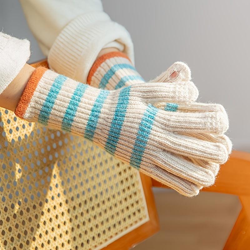 Knitted Striped Finger Gloves Hand Warmers for Women
