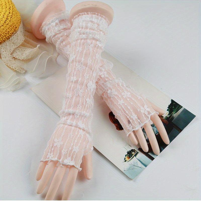 Flower Embroidery Long Sleeves Mesh Sunscreen Long Gloves