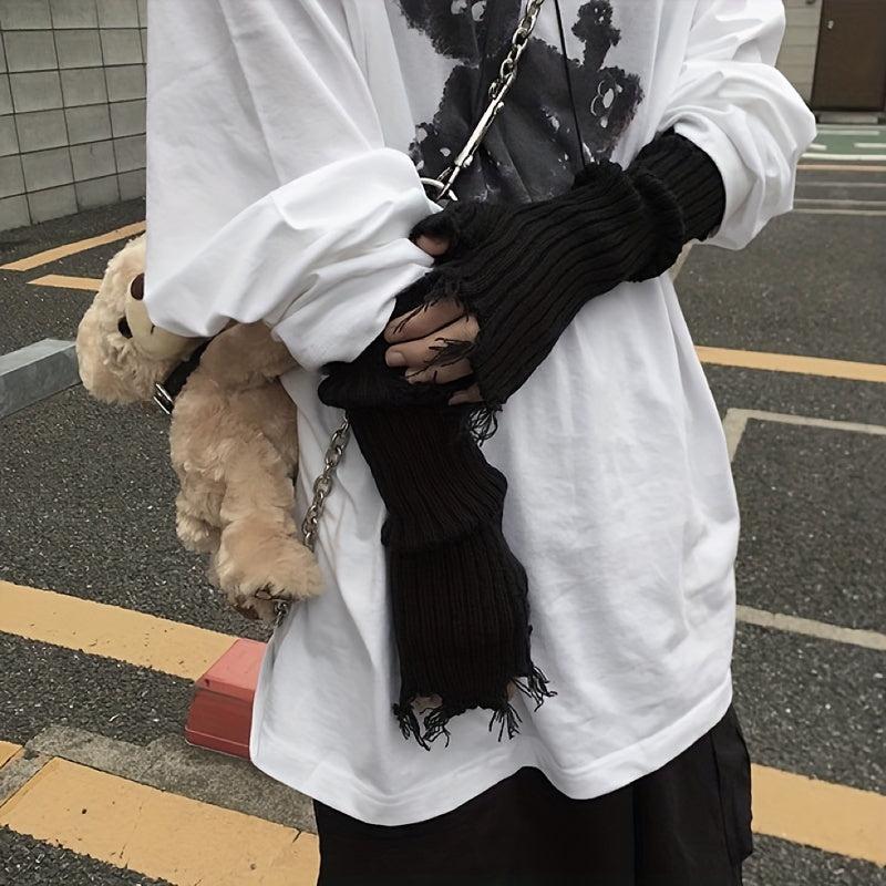 Knitted Ripped Tassel Punk Gloves Gothic Fingerless Mittens