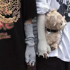 Knitted Ripped Tassel Punk Gloves Gothic Fingerless Mittens