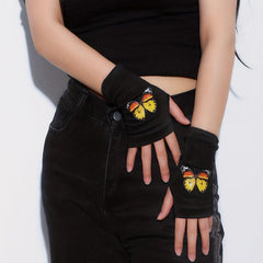Yellow Butterfly Print Fingerless Gloves for Women