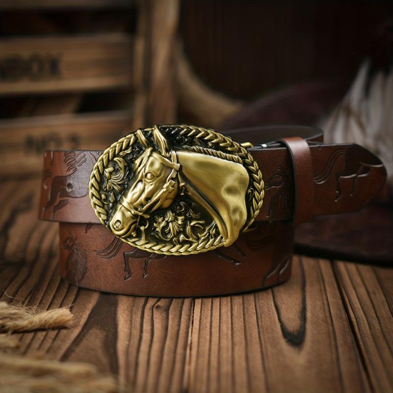 Men's Western Cowboy Style Horse Buckle PU Leather Belt