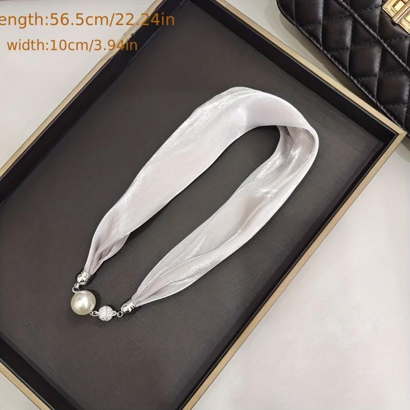 Magnetic Buckle Skinny Necklace Scarf Faux Pearl Decor Twilly Scarf