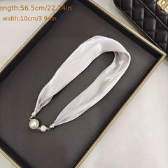 Magnetic Buckle Skinny Necklace Scarf Faux Pearl Decor Twilly Scarf
