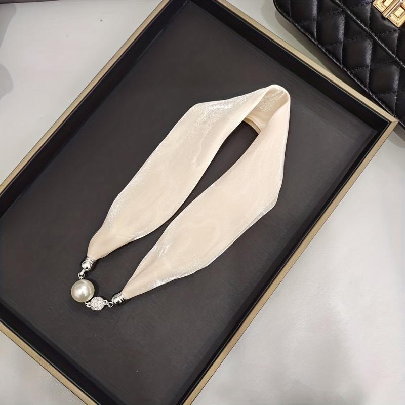Magnetic Buckle Skinny Necklace Scarf Faux Pearl Decor Twilly Scarf