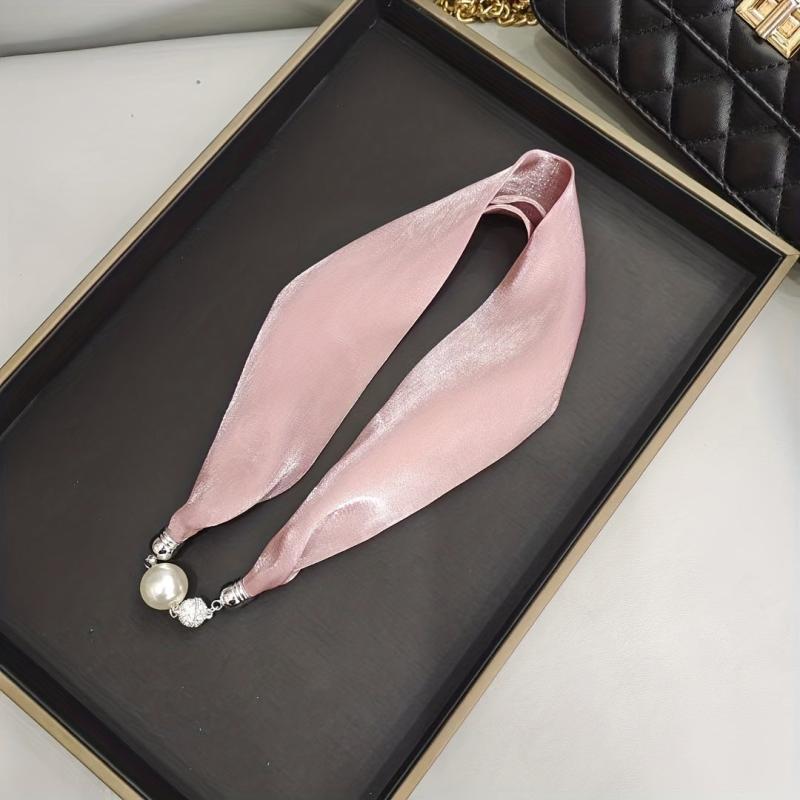 Magnetic Buckle Skinny Necklace Scarf Faux Pearl Decor Twilly Scarf