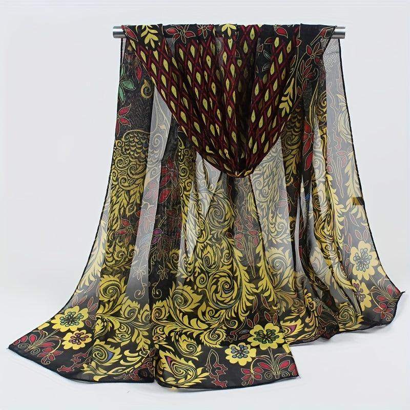 Peacock Flower Print Chiffon Scarf Sunscreen Head Wrap