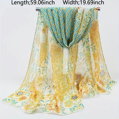 Peacock Flower Print Chiffon Scarf Sunscreen Head Wrap