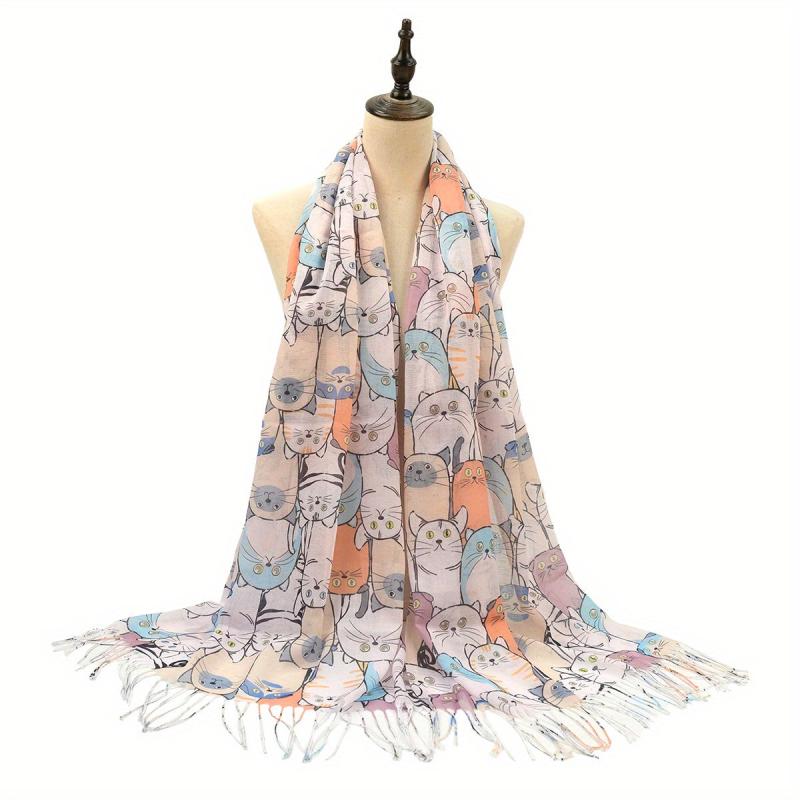 Colorful Cat Print Tassel Scarf Cartoon Shawl Casual Windproof Head Wrap