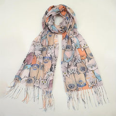 Colorful Cat Print Tassel Scarf Cartoon Shawl Casual Windproof Head Wrap