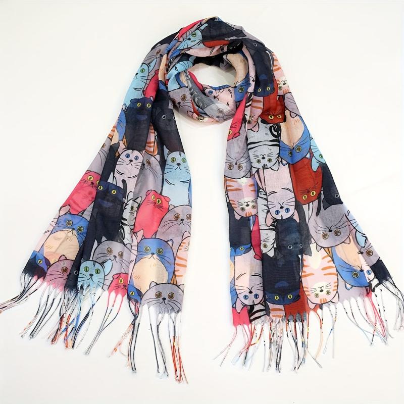 Colorful Cat Print Tassel Scarf Cartoon Shawl Casual Windproof Head Wrap