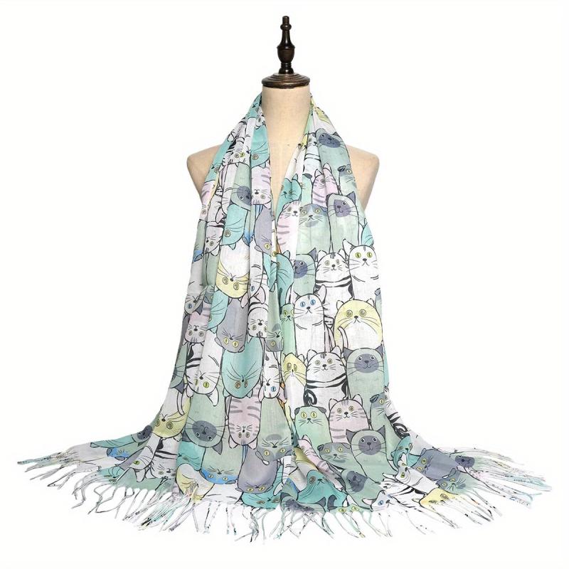 Colorful Cat Print Tassel Scarf Cartoon Shawl Casual Windproof Head Wrap