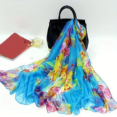 Peacock Feather Print Chiffon Scarf Oversized Shawl Thin Silk Head Wrap Women