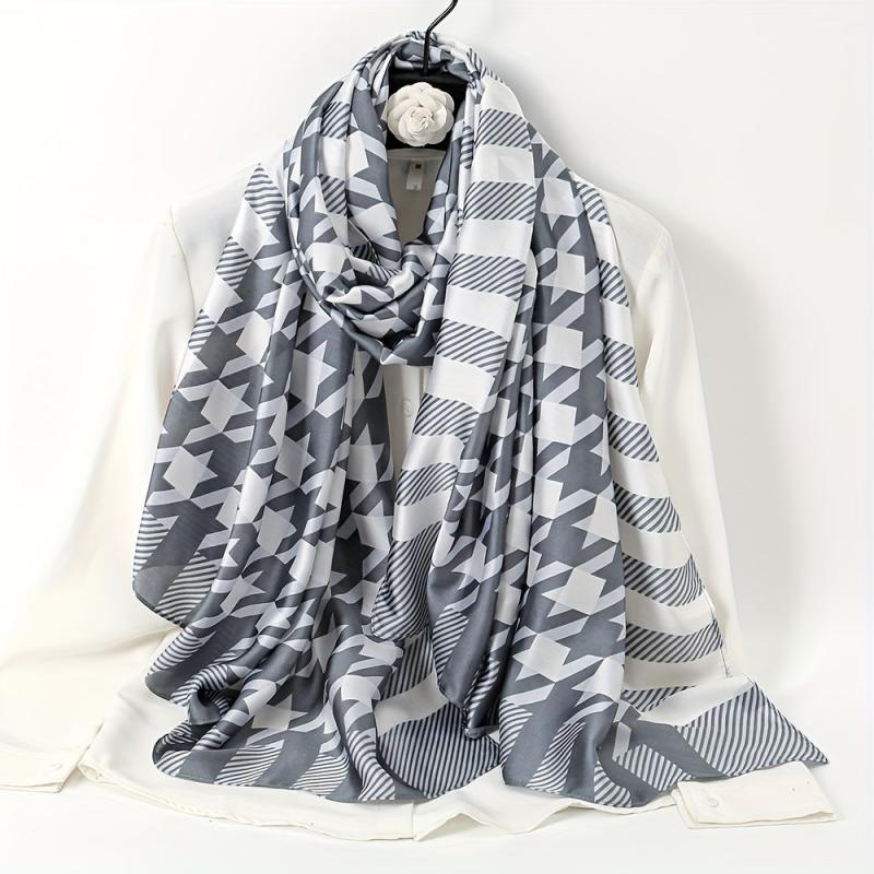 Gray Houndstooth Print Silk Scarf for Women