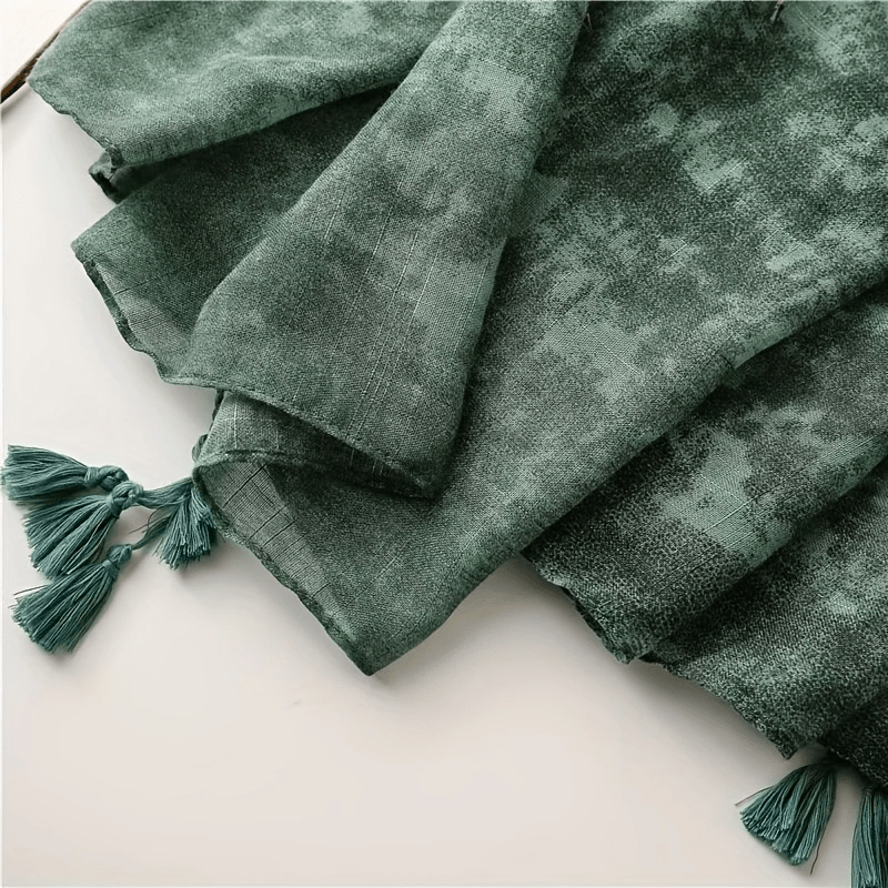 Dark Green Slub Scarf Hemp Feel Yarn Tassel Sunscreen Shawl