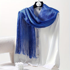 Silver Silk Feeling Shawl Elastici Scarf with Fringe