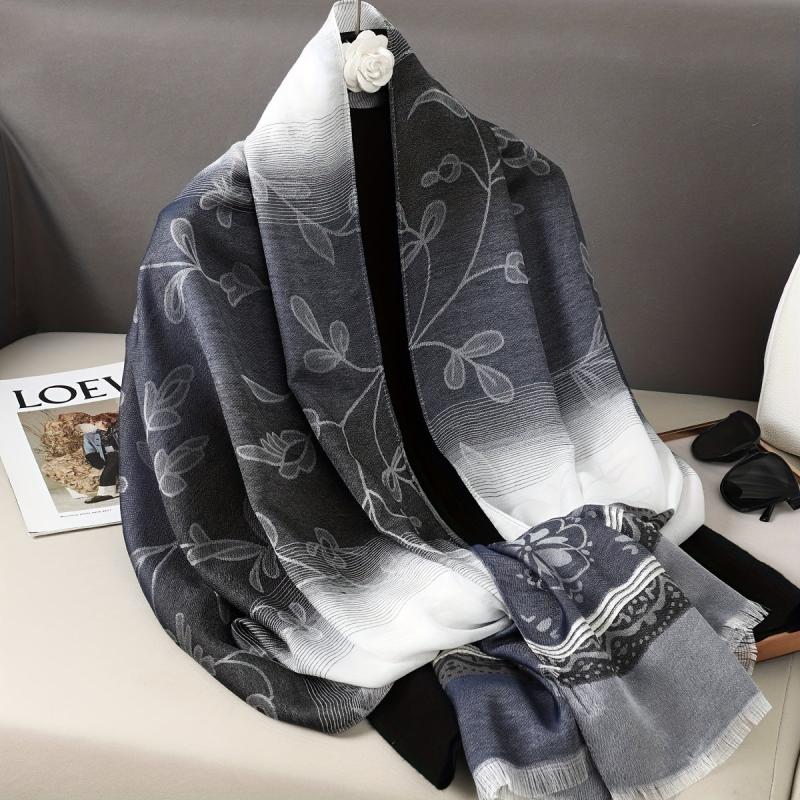 Vintage Flower Jacquard Scarf Gradient Tassel Shawl Classic Windproof Head Wraps