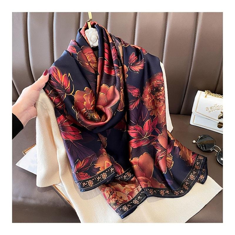 Vintage Rose Print Wine Red Silk Shawl Head Wrap Beach Towel