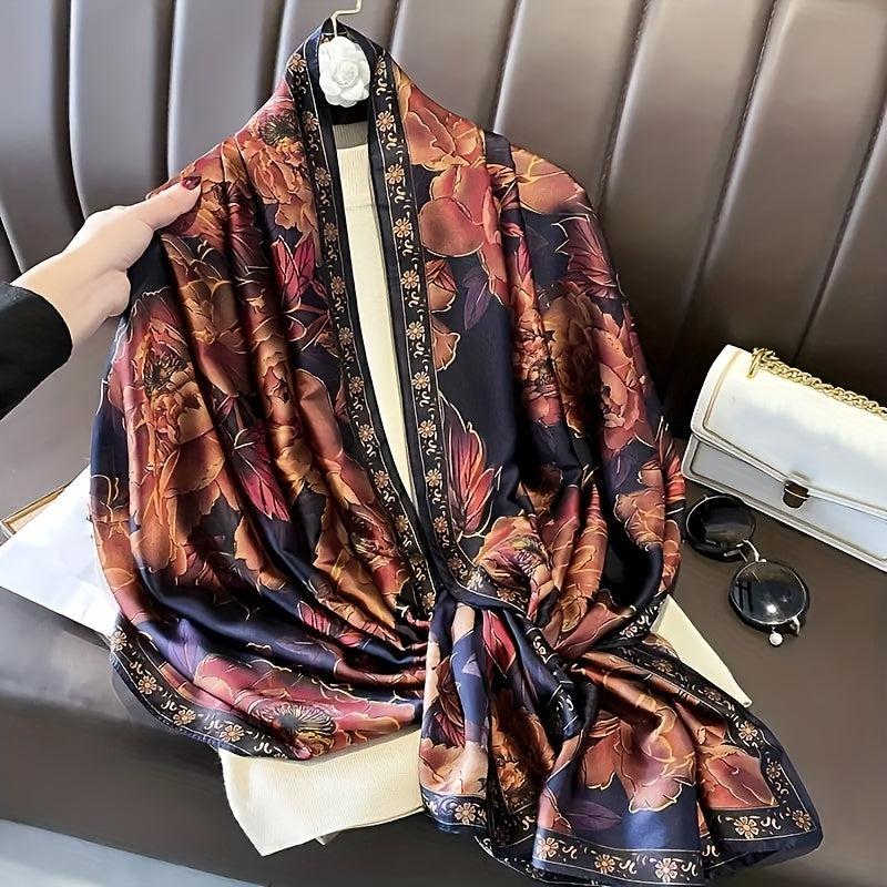 Vintage Rose Print Wine Red Silk Shawl Head Wrap Beach Towel