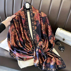 Vintage Rose Print Wine Red Silk Shawl Head Wrap Beach Towel